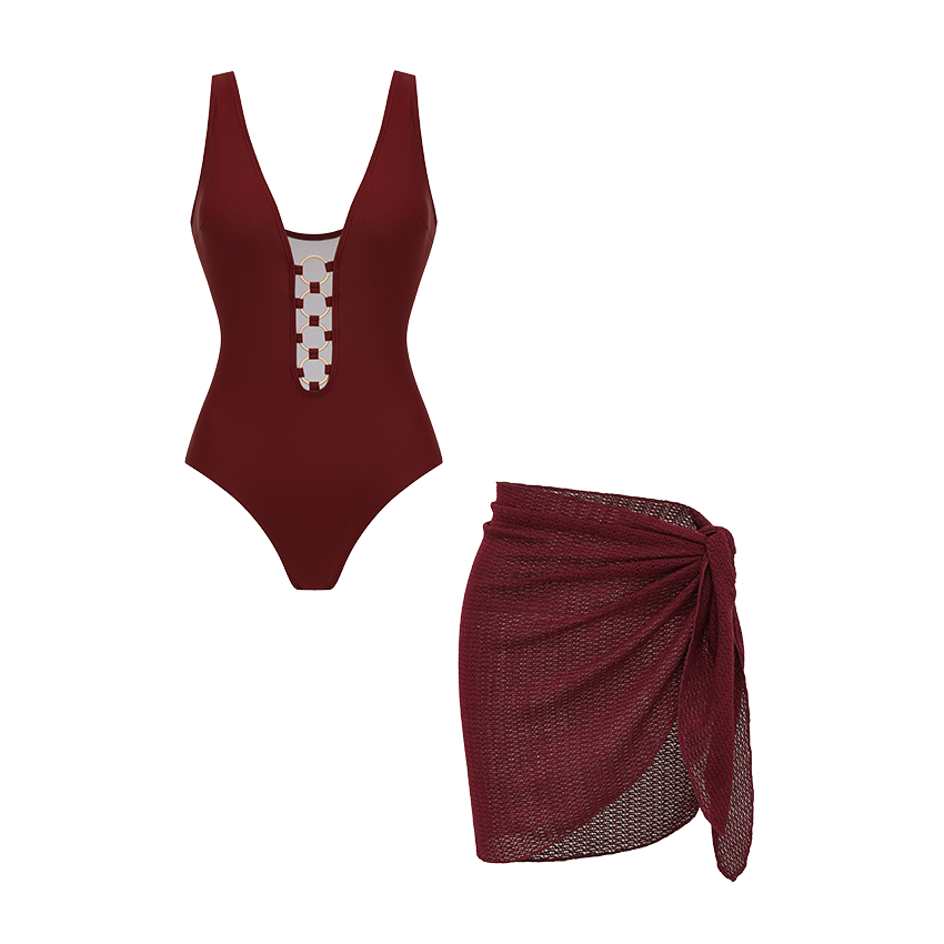 V Neck Cutout Solid Color Swimsuit Set(s)