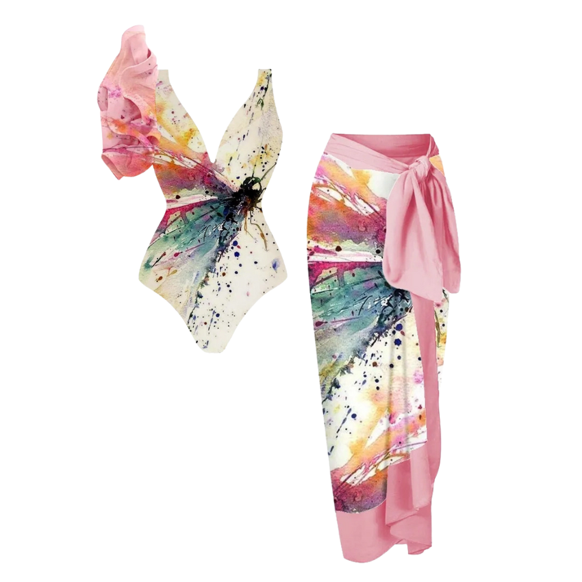 V Neck Ruffle Butterfly Print One Piece Swimsuit and Sarong Flaxmaker