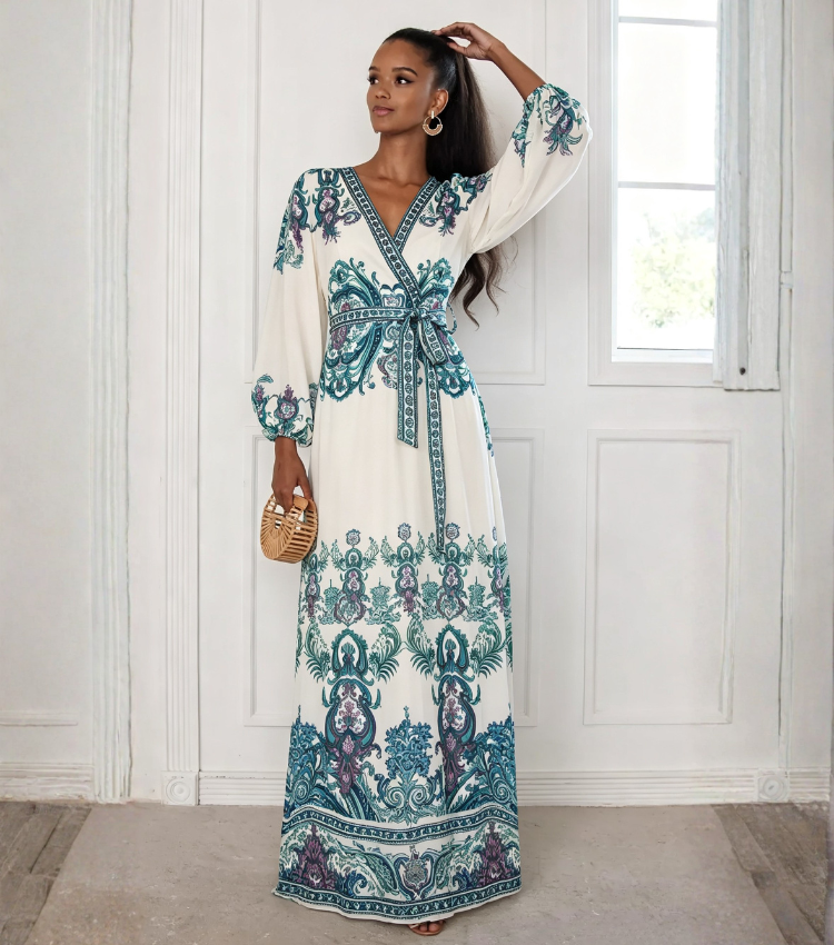 Cream Vintage Paisley Bow Front V-Neck Maxi Dress
