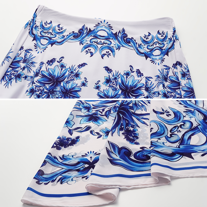 Ruffle V Neck Blue Majolica Print High Waist Bikini Swimsuit and Skirt or Pants