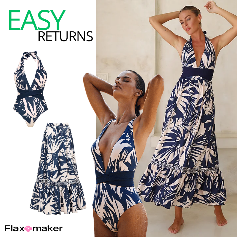 V Neck Leaves Print One Piece Swimsuit and Pants/Skirt