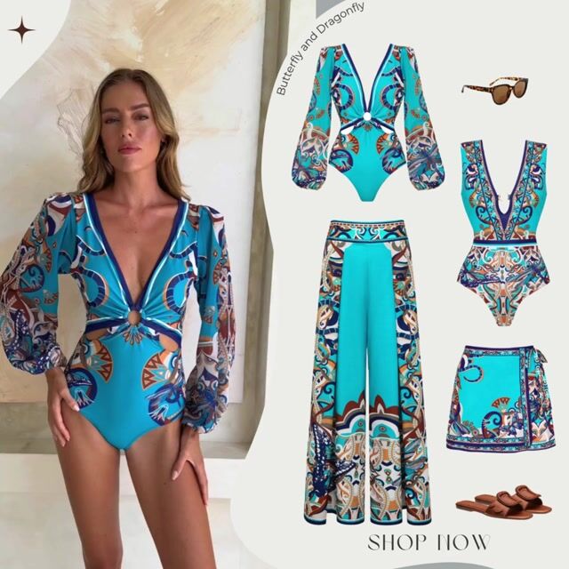 Butterfly and Dragonfly Long Sleeve Hollow Print One Piece Swimsuit and Skirt