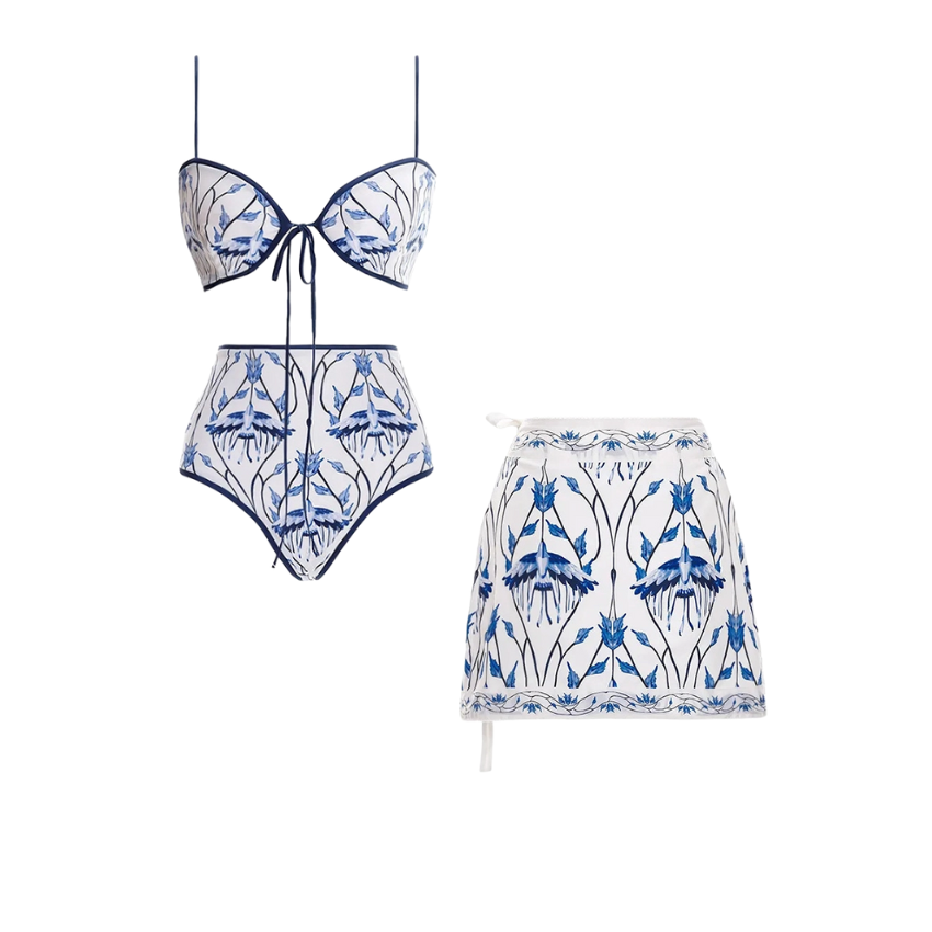 Strappy Blue Print High Waist Bikini Swimsuit and Sarong Flaxmaker