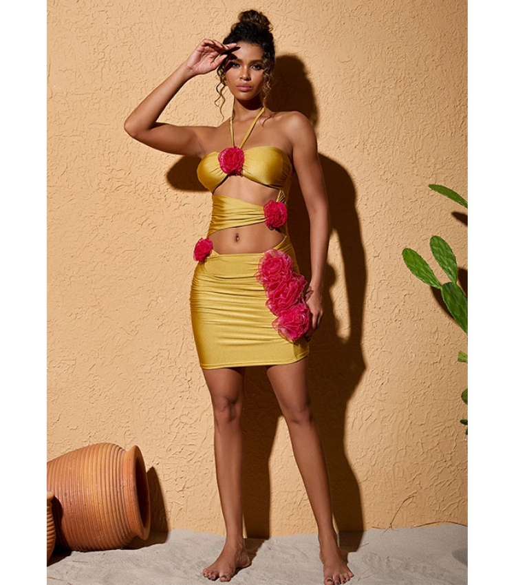 3D Flower Halter Cut Out One Piece Swimsuit and Skirt Flaxmaker