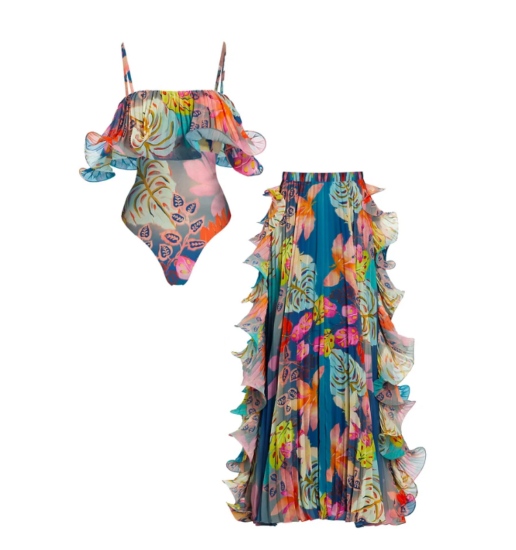 Flowers Printed One Piece Swimsuit and Skirt