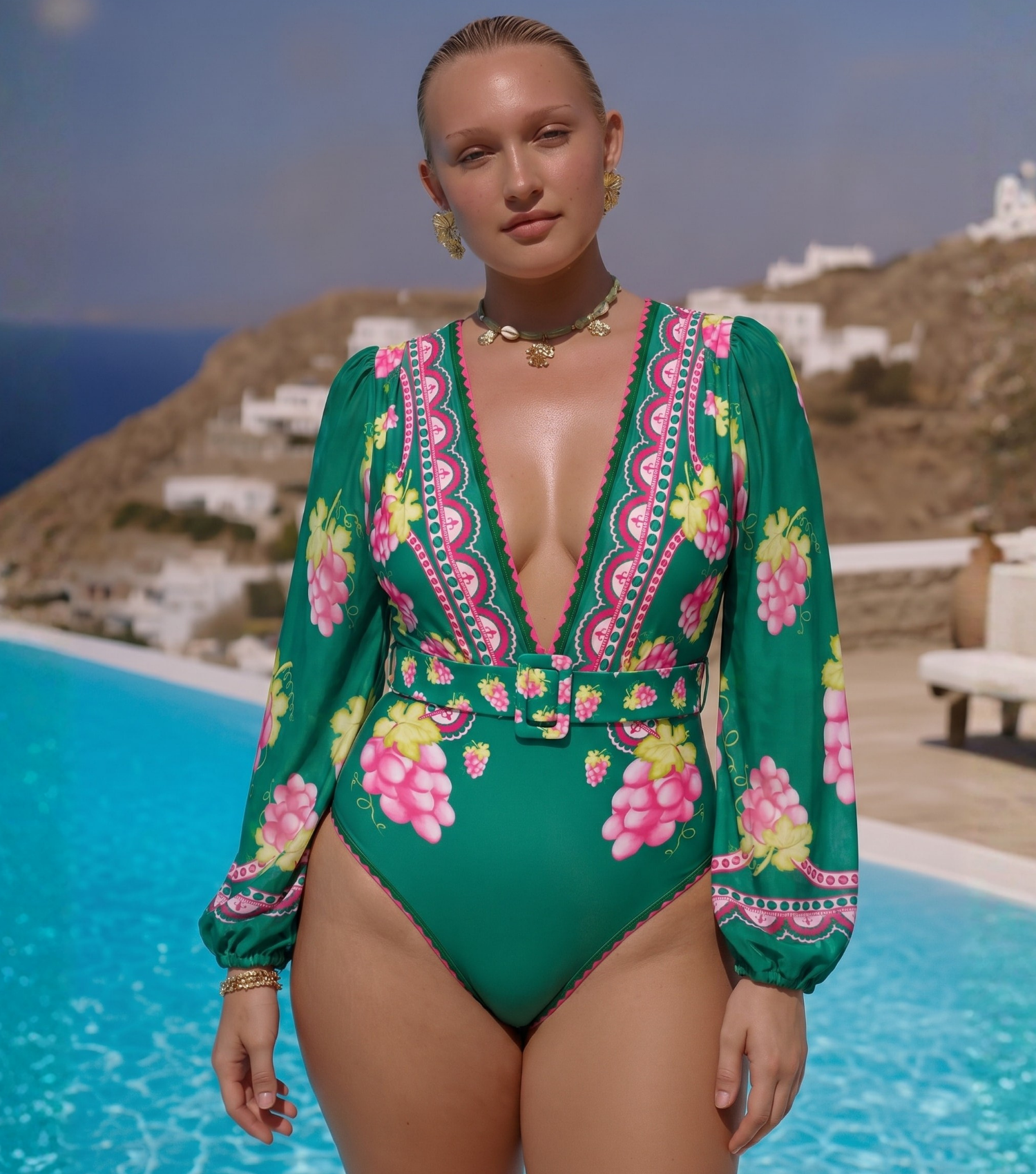 Plus Size Long-sleeved Retro Green Grapes Print One Piece Swimsuit and Skirt