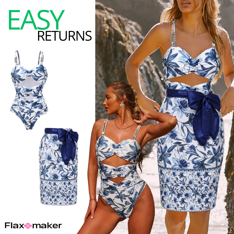 Sling Cut Out Printed One Piece Swimsuit and Skirt