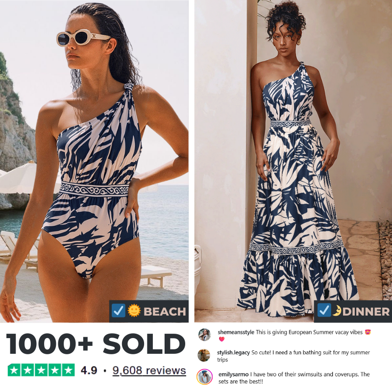 One SHoulder Leaves Print One Piece Swimsuit and Pants