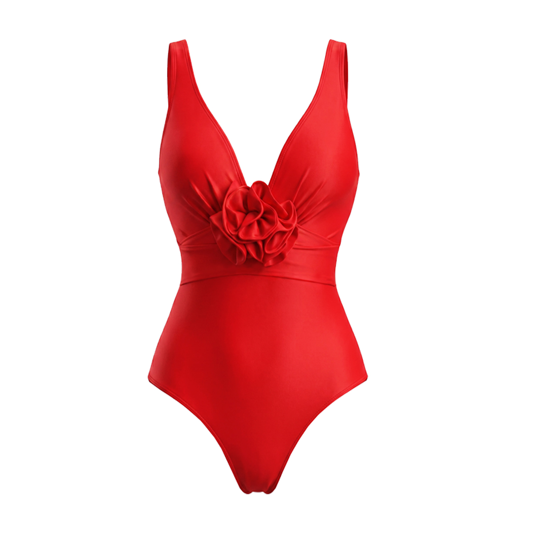 Detachable 3D Flower Red One Piece Swimsuit and Skirt Flaxmaker