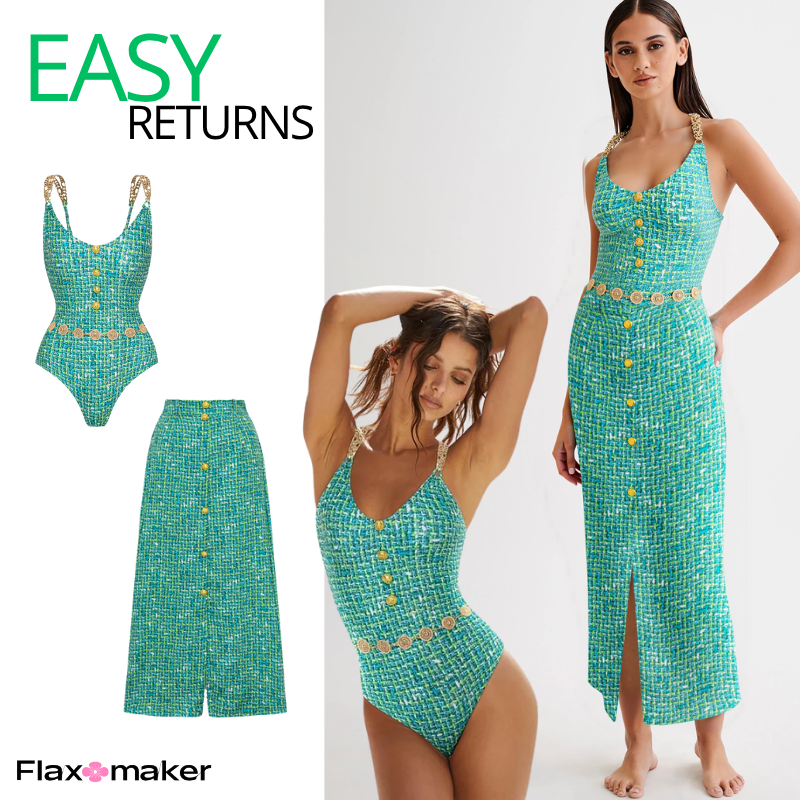 Tweed Print Metal Buckle One Piece Swimsuit and Skirt