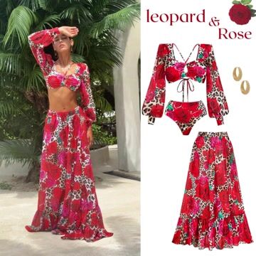 Lace Up Chiffon Long Sleeves Leopard Print High Waist Bikini Swimsuit and Skirt