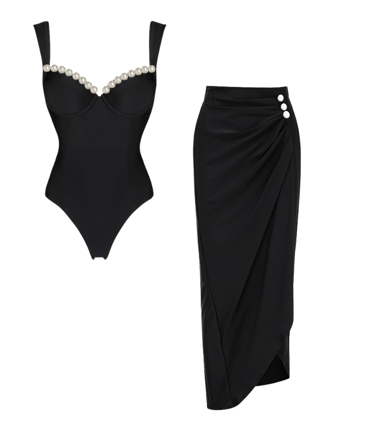 Artificial Pearl One Piece Swimsuit and Skirt Flaxmaker