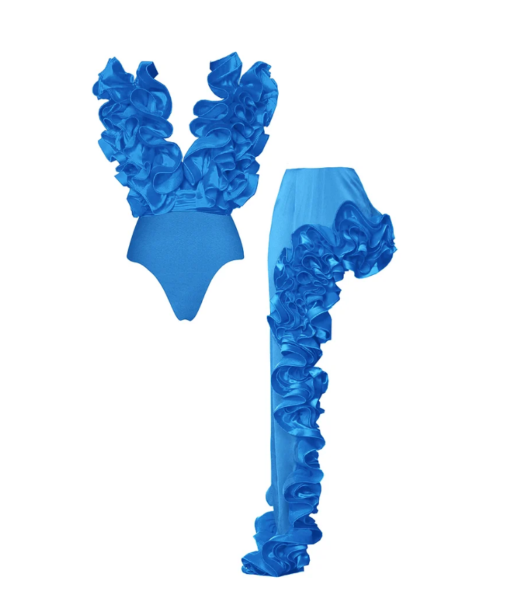 Frilled V Neck Blue One Piece Swimsuit and Skirt Flaxmaker