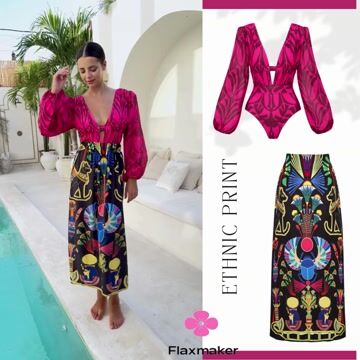 Rose Red Pattern Print Long-sleeved One Piece Swimsuit and Skirt