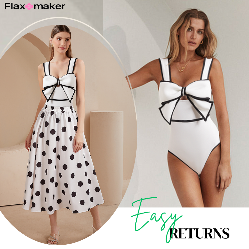 Bow Front Cutout Black and White One Piece Swimsuit and Skirt Flaxmaker