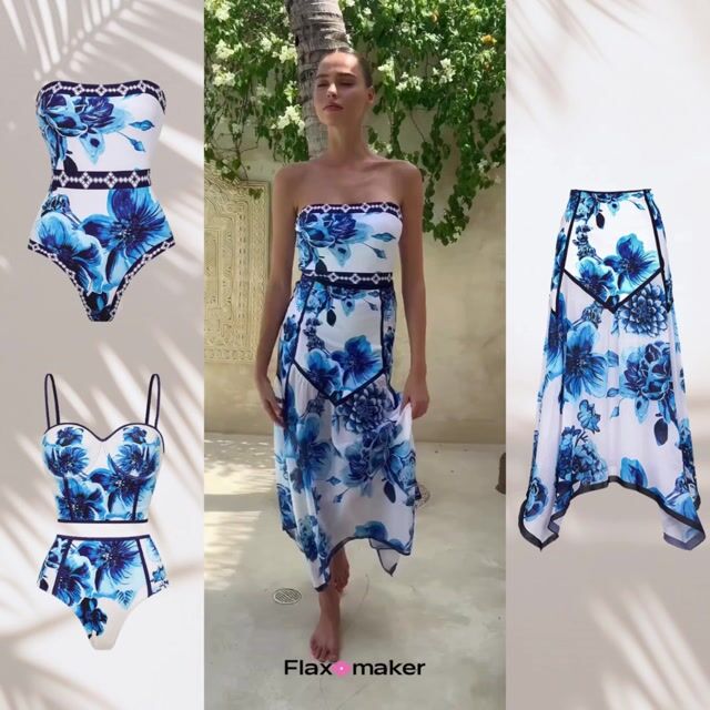 Floral Series Pattern Print One Piece Swimsuit and Skirt