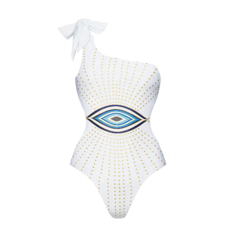 Eye Print One Shoulder One Piece Swimsuit and Skirt Flaxmaker