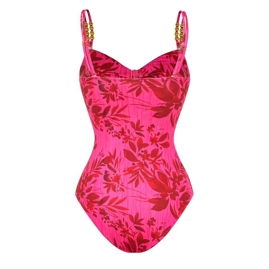 Rose Red Flower Print Cutout One Piece Swimsuit and Tiered Skirt