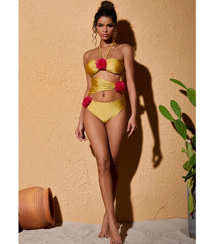3D Flower Halter Cut Out One Piece Swimsuit and Skirt Flaxmaker