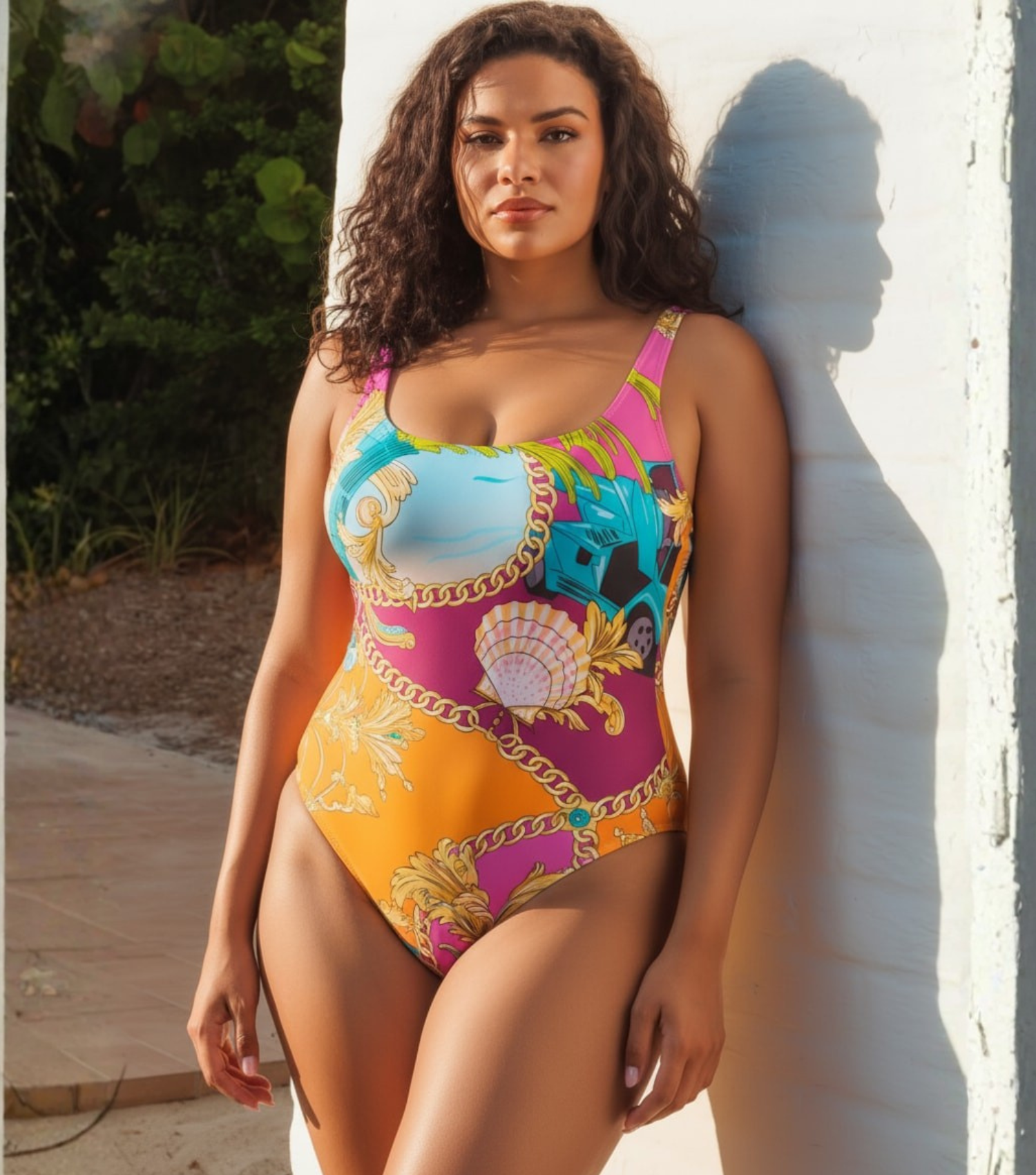 Plus Size Round Neck Shell Print One Piece Swimsuit and Sarong or Skirt
