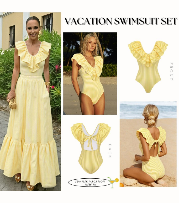 V Neck Ruffle Striped Print One Piece Swimsuit and Skirt