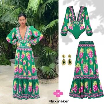 Ruffled Deep V Retro Green Grapes Print One Piece Swimsuit and Skirt