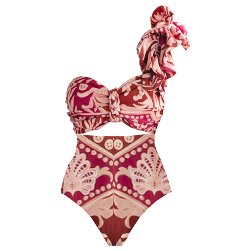 One Shoulder Ruffle Printed One Piece Swimsuit and Pant