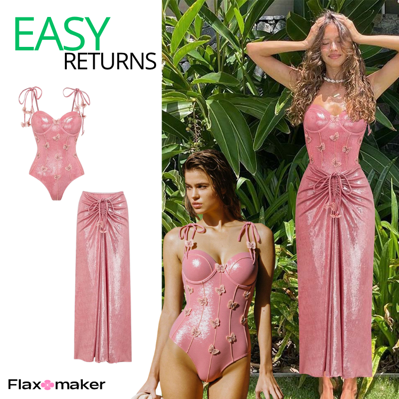Pink Shiny Embroidered Butterfly One Piece Swimsuit and Split Skirt