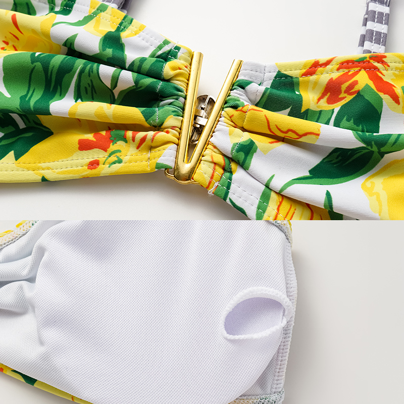 Tie Shoulder Lace Up Splicing Printed High Waist Bikini Swimsuit and Skirt