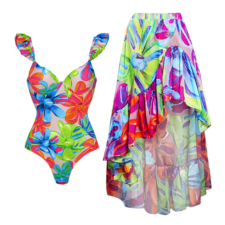 Plus Size Floral Printed One Piece Swimsuit and Skirt