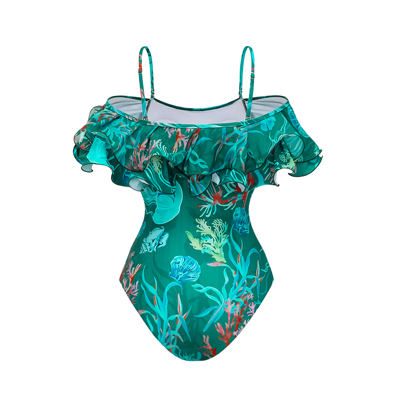 Removable Shoulder Strap Off Shoulder Marine Organism One Piece Swimsuit and Skirt