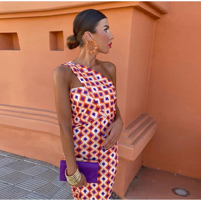 Oblique Shoulder Printed Dress