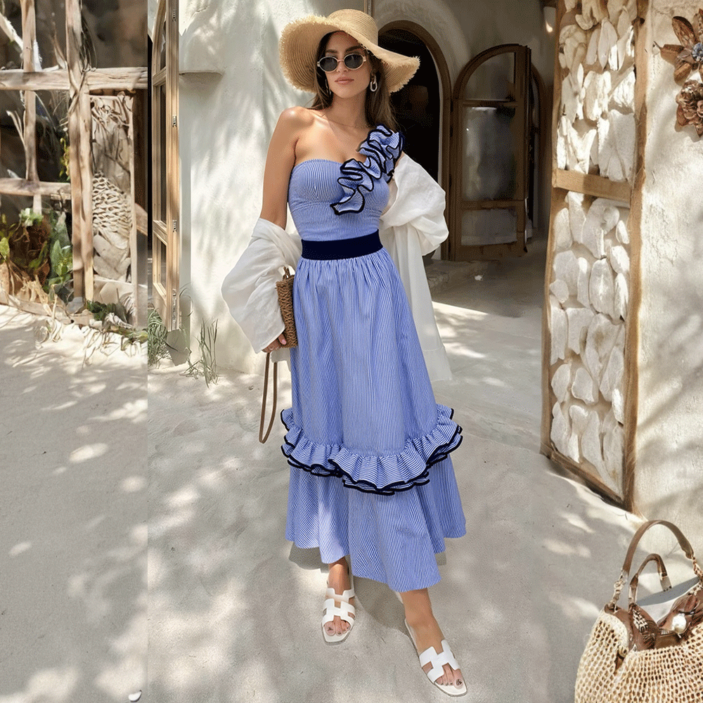 One Shoulder Ruffle Stripe Print One Piece Swimsuit and Skirt