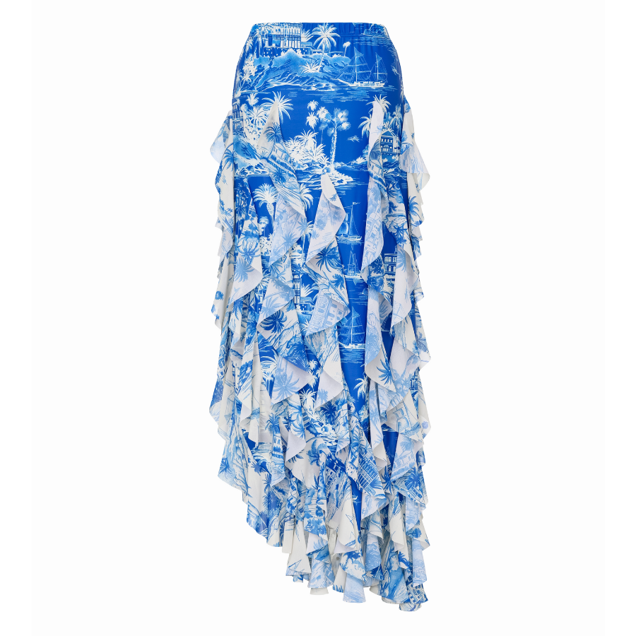 Ruffled Blue and White Bay Print One Piece Swimsuit and Skirt