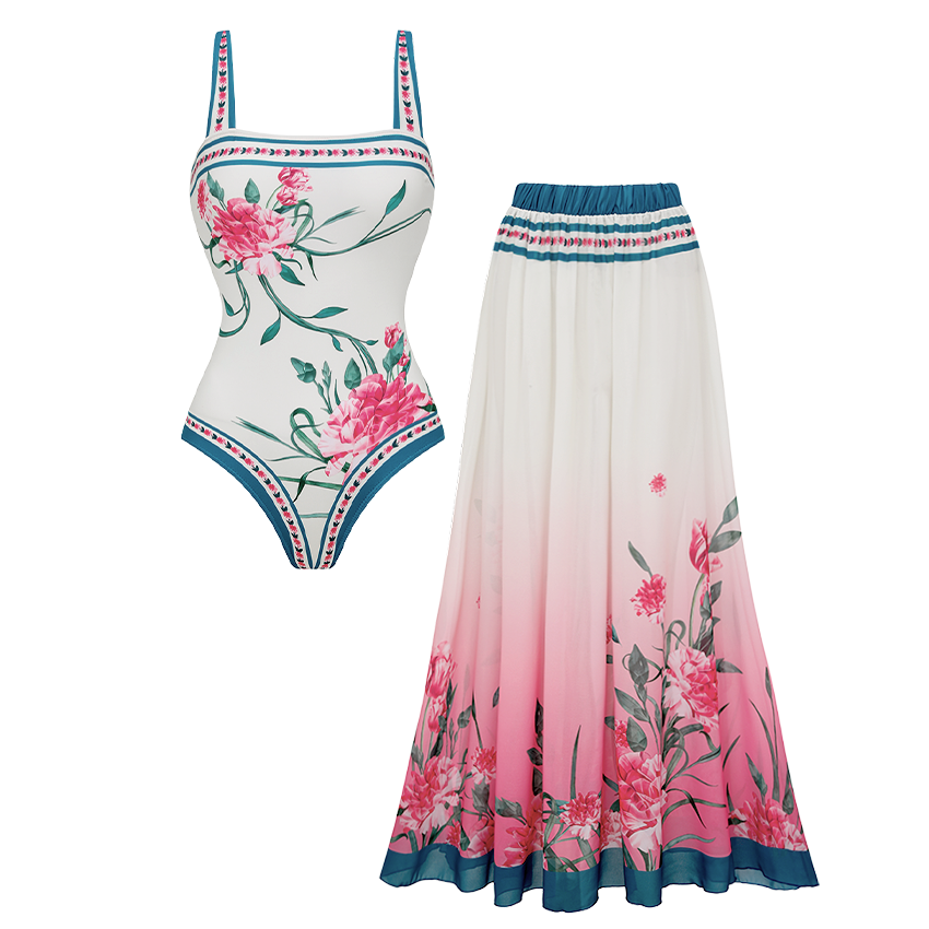 [Copy]Dark Cyan Botanical Flower Print Swimsuit Set(s)