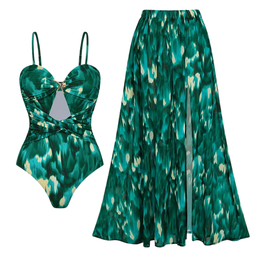 Ruched Cutout Green One Piece Swimsuit and Skirt Flaxmaker