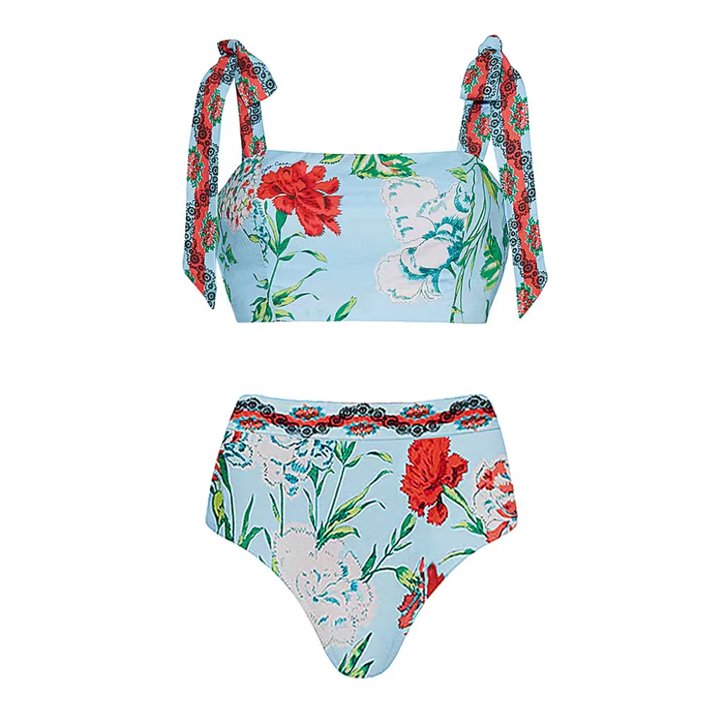Tie-shoulder Blossom Printed Bikini Swimsuit and Skirt Flaxmaker