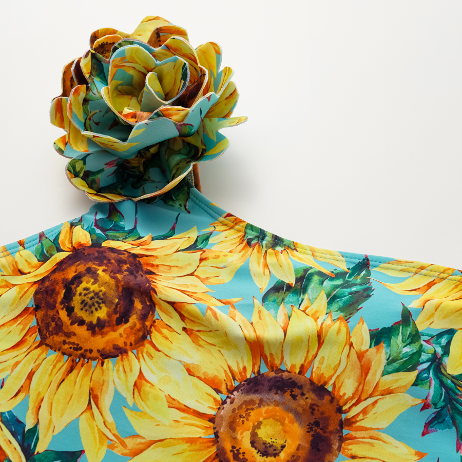 3D Sunflower Print One Shoulder One Piece Swimsuit and Skirt