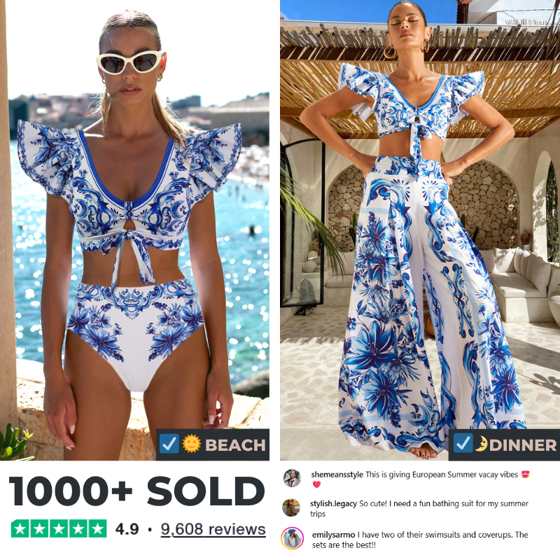 Ruffle V Neck Blue Majolica Print High Waist Bikini Swimsuit and Skirt or Pants