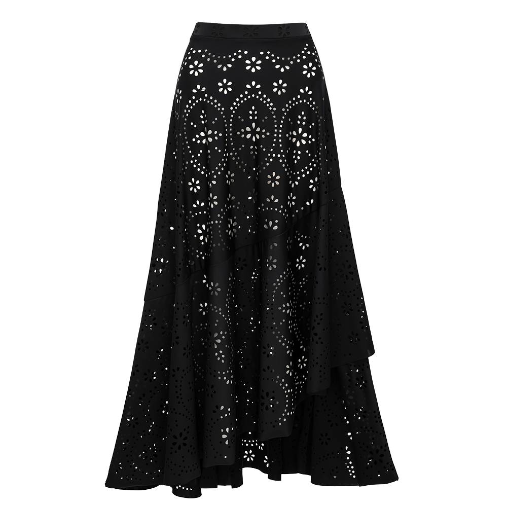 Black Laser Cut Hollow One Piece Swimsuit and Skirt