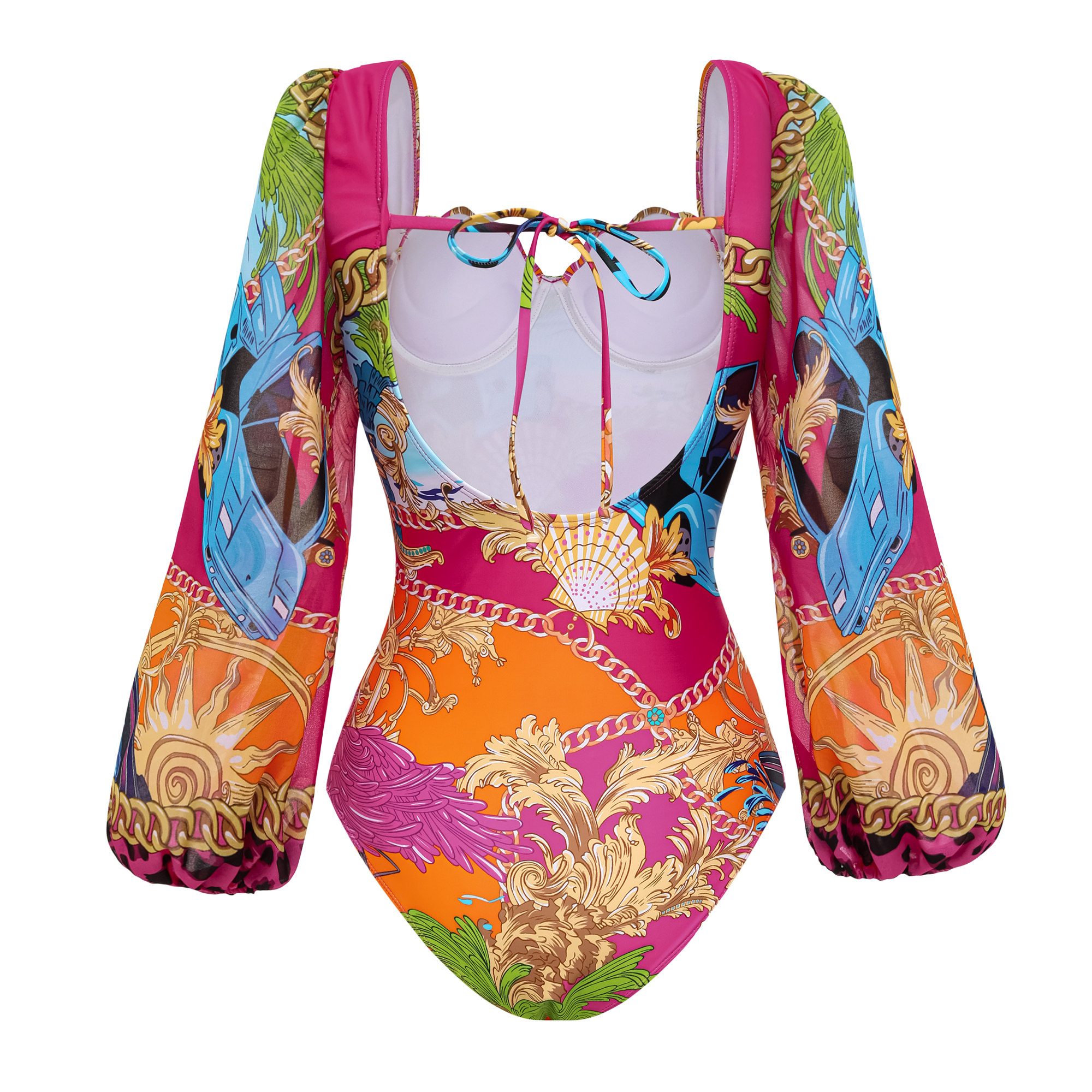 Long Sleeve Shell Chest Pad Printed One Piece Swimsuit and Skirt