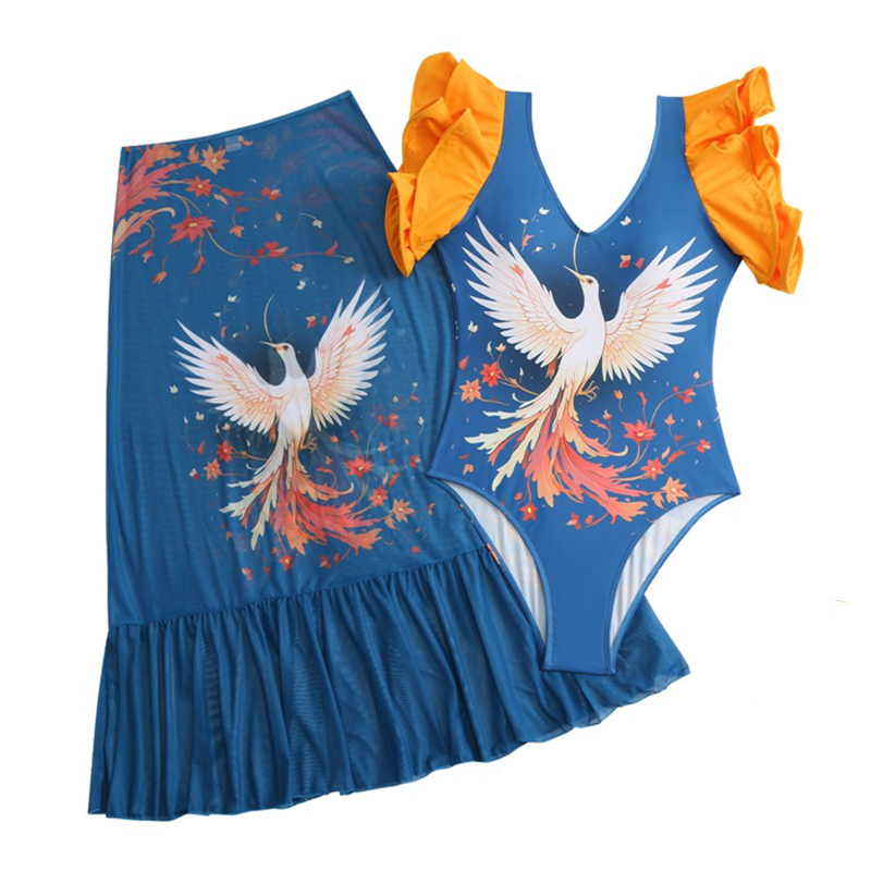 V Neck Ruffle Printed One Piece Swimsuit and Sarong