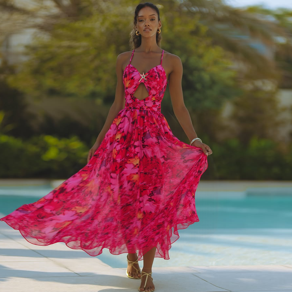 Red Flowers Printed Hollow One Piece Swimsuit and Skirt