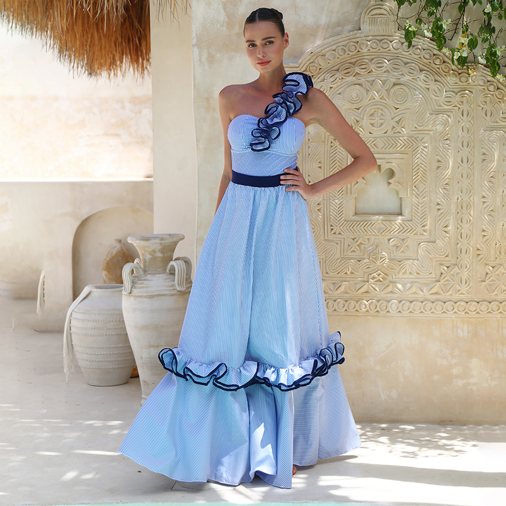 One Shoulder Ruffle Stripe Print One Piece Swimsuit and Skirt