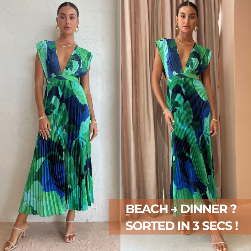 Pleated V Neck Color Block Printed Dress