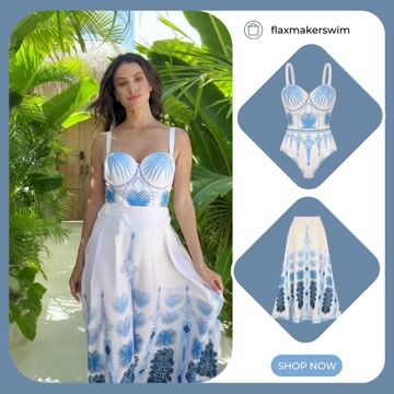 Blue Ethnic Print One Piece Swimsuits and Skirt Flaxmaker