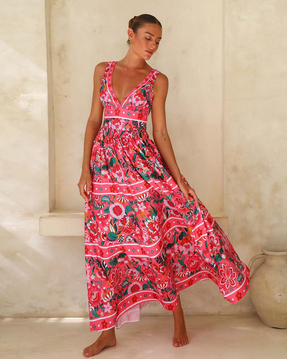 Pink Floral Paradise Print V-neck One Piece Swimsuit and Skirt