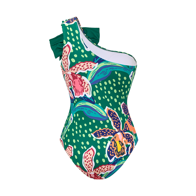 Printed One Shoulder One Piece Swimsuit and Sarong Flaxmaker