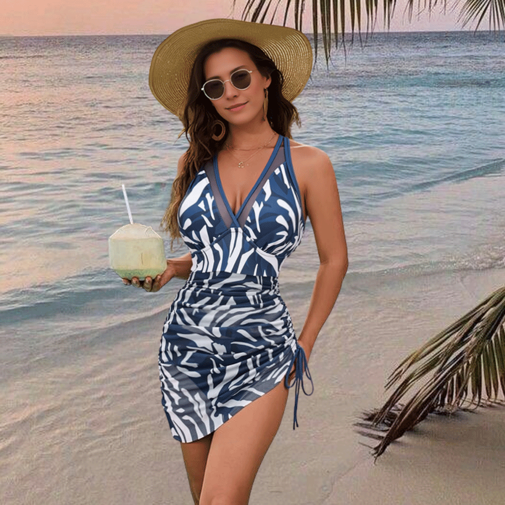 Tummy Control Slimming Mesh Sheer Sarong Wraps Bathing Suit Swim Dress