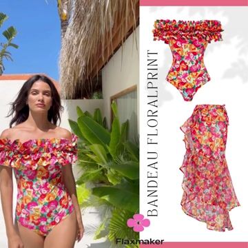 Detachable Double Shoulder Strap With Ruffles One Piece Swimsuit and Sarong Flaxmaker